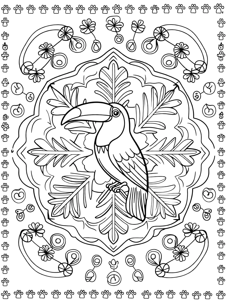 Birds: The main subject is a toucan with a large curved beak, drawn as the focal point of a snowflake-shaped mandala with six symmetrical arms. It is centered on the page, anchoring a design that expands outward in smooth, even waves. Decorative details fill the surrounding space, including loops of ribbon curling back on themselves, clusters of tiny acorns, and rows of teardrop-shaped petals woven throughout the background. A playful extra touch completes the page: a trail of small paw prints wandering along the outer edge.