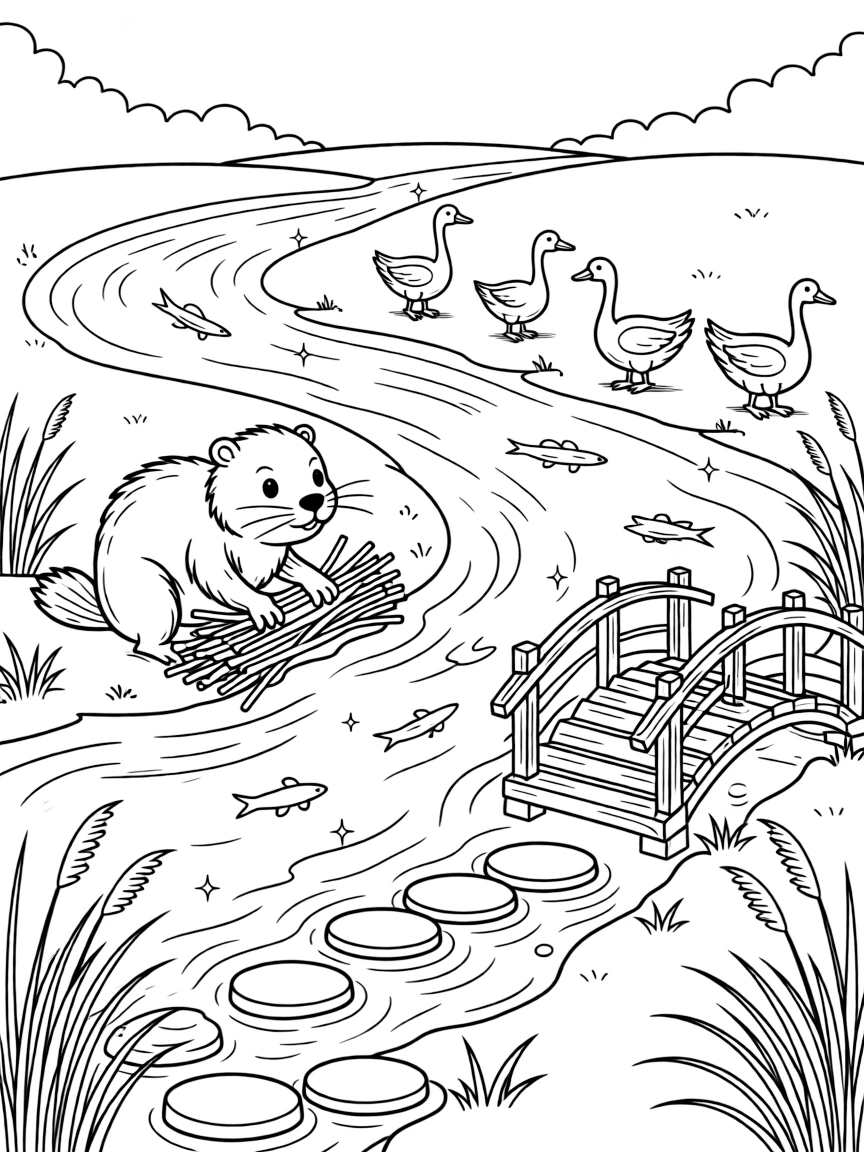 [River Adventures] A young beaver carefully stacks branches to build a cozy dam across a bubbling river. A family of geese waddles along the shore while minnows dart through the shallow water. A rustic wooden bridge arches over the river, with smooth stepping stones leading across a shallow bend. Sunlight sparkles across the rippling water as a light breeze stirs the reeds along the bank.