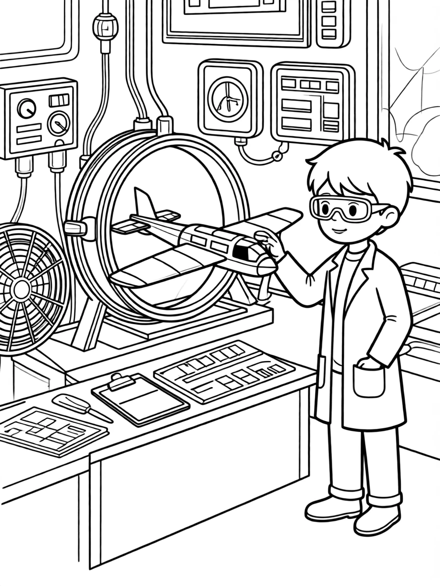 An aerospace engineer inspects a model airplane wing in a wind tunnel testing lab.