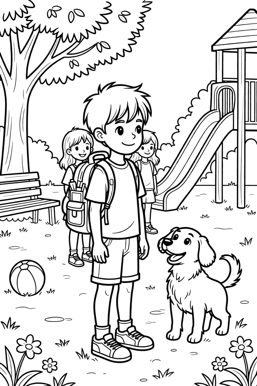 A boy with a backpack lining up for recess at the school playground while a friendly dog wags its tail.