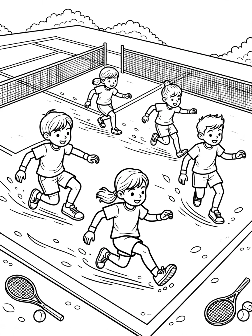 A group of classmates, sliding to reach a wide shot on a clay court, leaving a skid mark in the dust.