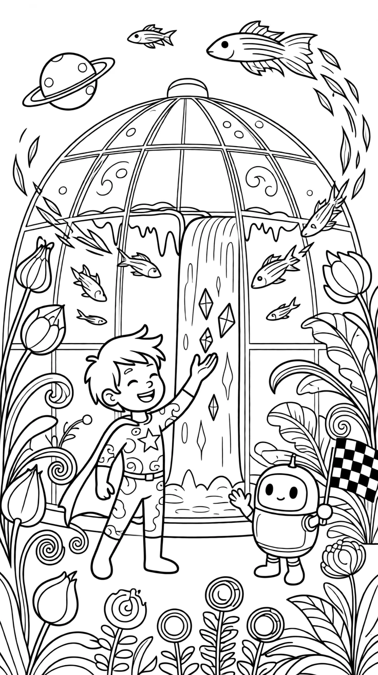 Ace Tango, a determined star-powered superhero kid collecting rainbow-colored ice crystals from a frozen waterfall, in a greenhouse dome growing plants from a dozen different planets, with a school of glowing space fish swimming through the air and a friendly robot waving a checkered flag nearby.
