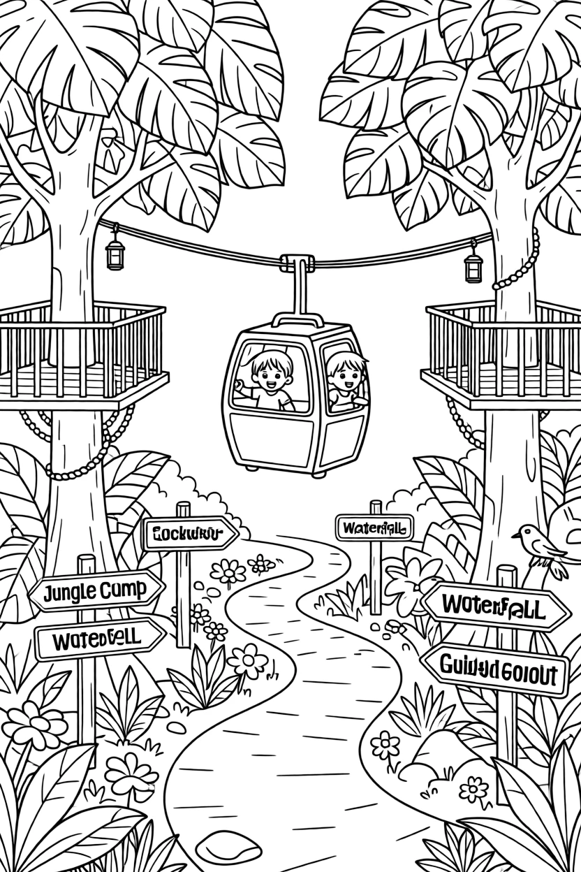 A zipline trolley soaring between two treetop platforms is shown journeying through a lush jungle trail winding between giant leafy trees, with twin siblings pressing their faces to the window close by and road signs pointing toward fun destinations completing the lively scene.