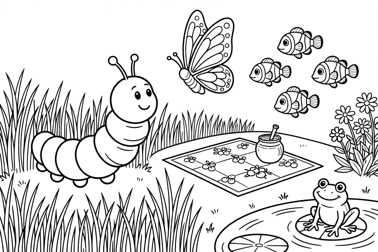A caterpillar turning into a butterfly in a field of tall grass, sharing a picnic of berries and honey with a school of clownfish, next to a field of wildflowers, while a curious frog watches from a lily pad.