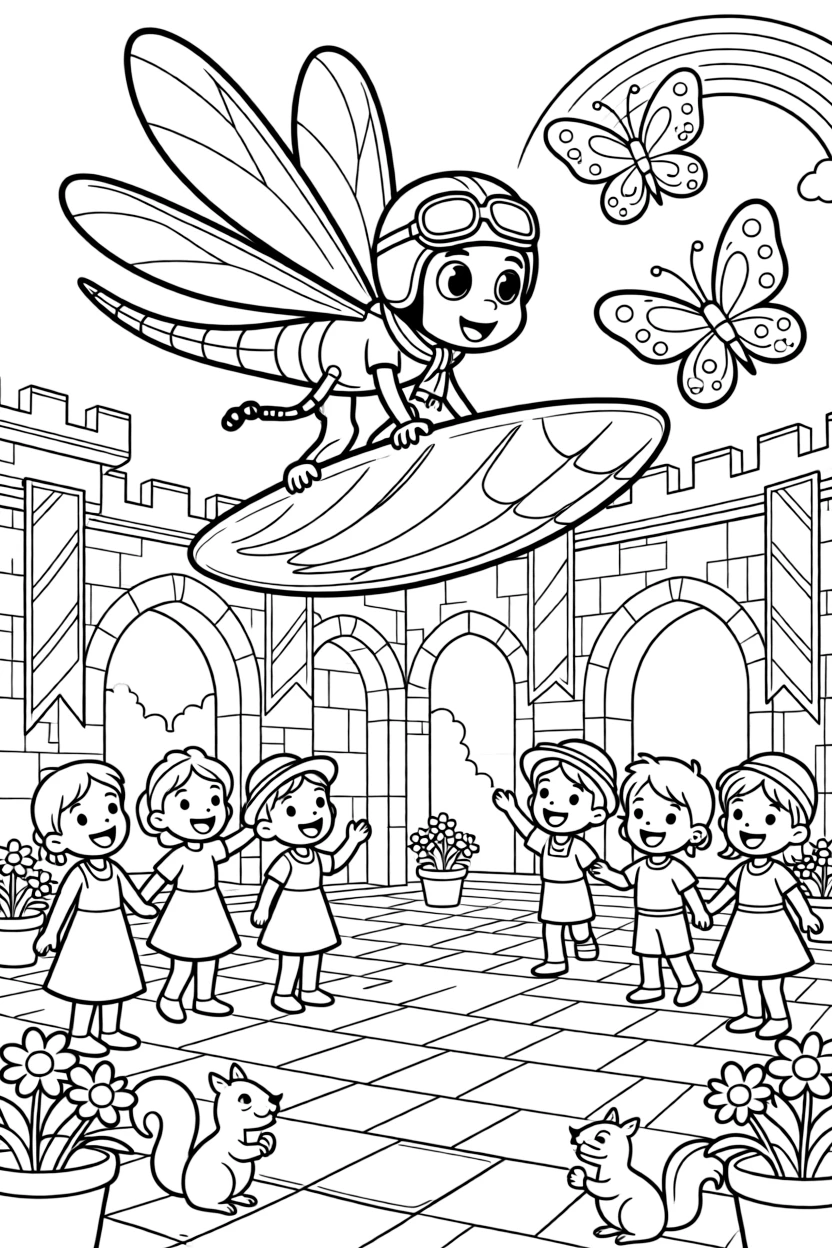 An adventurous dragonfly pilot takes a break from adventures to try riding a wave on a surfboard shaped like a shell at a royal castle courtyard decorated for a festival, with a rainbow of butterflies fluttering by close behind. The whole gang can't stop smiling.