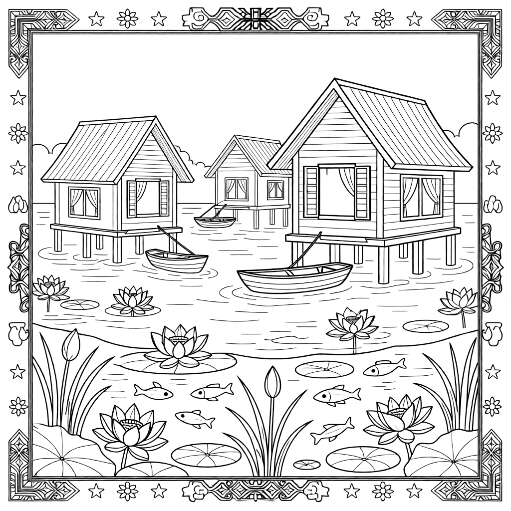 A coloring page featuring a floating village of houses on a great lake from Cambodia, framed by a simple border of flowers, stars, or geometric patterns from the region.