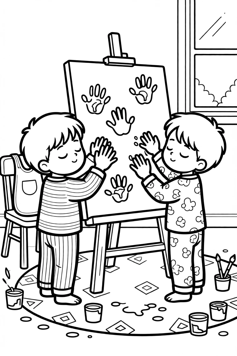 sleepy twin brothers press handprints in different colors of paint onto a large canvas.