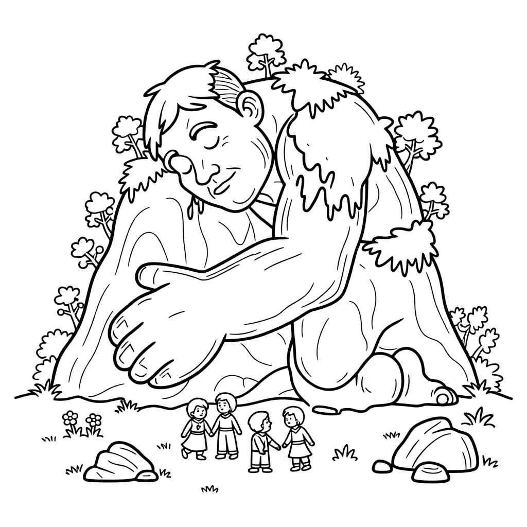 A towering stone giant sleeps curled around a mountain, moss and trees growing across his back, mistaken by villagers for a hill.