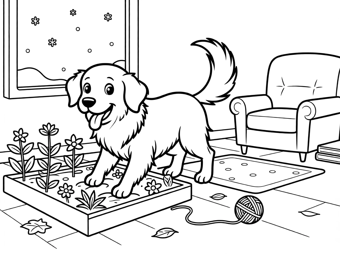 [Pets] a happy golden retriever digging in a garden bed in a cozy living room, smiling proudly. Nearby, a ball of yarn rolls across the room. A wagging tail adds playful motion. The scene is captured in the late afternoon, with snow gently falling, giving the page a lively and adventurous feel that invites plenty of colorful detail.