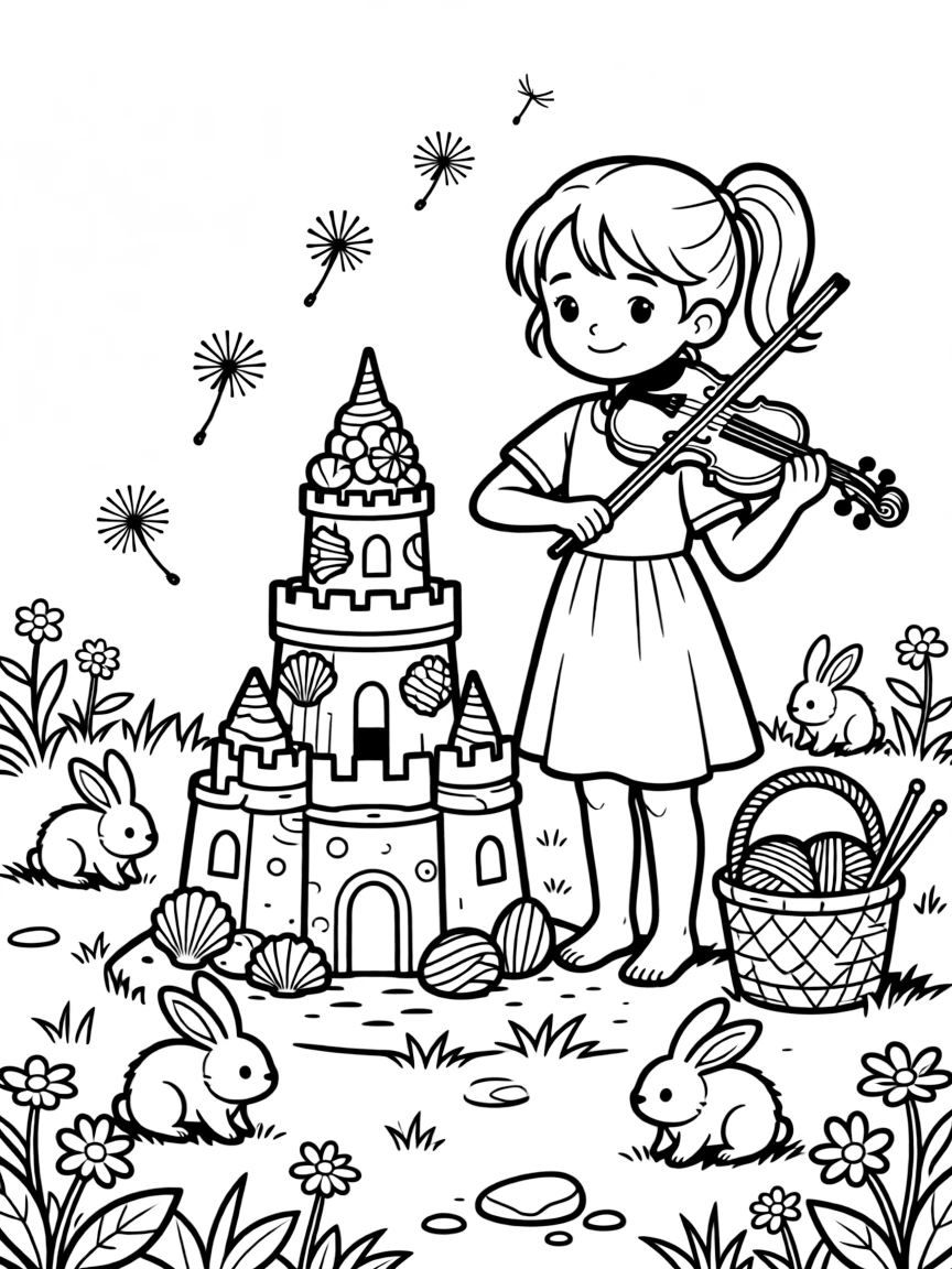 A girl violinist with her instrument tucked under her chin is building a tall sandcastle decorated with seashells in a meadow filled with grazing bunnies. Close by, a basket of yarn and knitting needles nearby and floating dandelion seeds catching the light make the setting feel extra special.