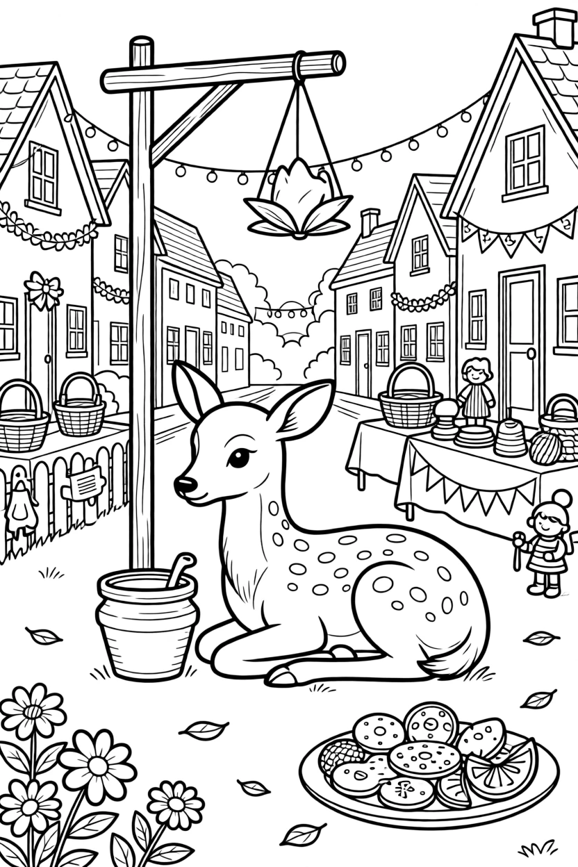 A spotted fawn sitting beside a small clay pot of butter hung high overhead in a neighborhood where every house has festive decorations, with a display of handmade crafts and a plate of traditional festive treats scattered about.