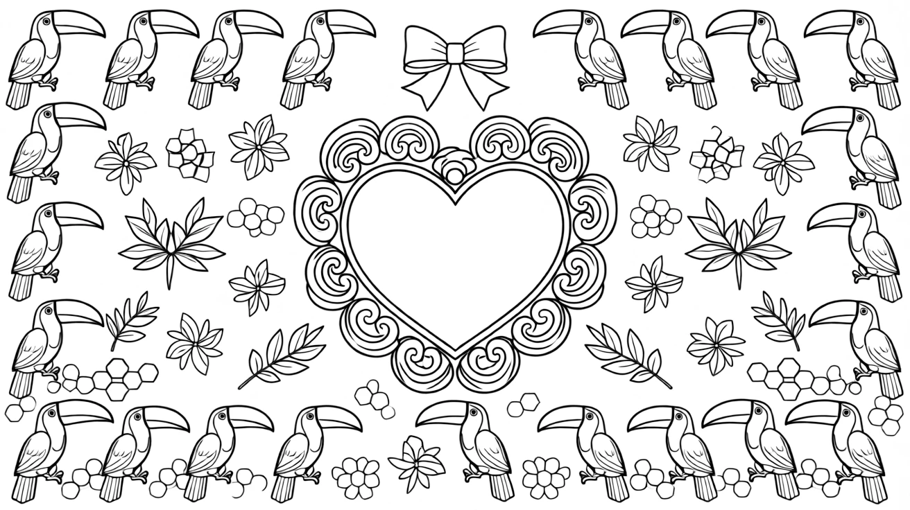 Birds: The page centers on a repeating motif of a toucan with a large curved beak, built around a heart-shaped mandala framed by soft curling loops. The motif is lined up along the top and bottom edges, mirrored by a matching row along the left and right sides. Decorative details fill the surrounding space, including pinwheel blades spinning in place, rows of gentle leaf veins branching outward, and a field of tiny honeycomb cells woven throughout the background. A playful extra touch completes the page: a small ribbon bow tied neatly at the top of the design.