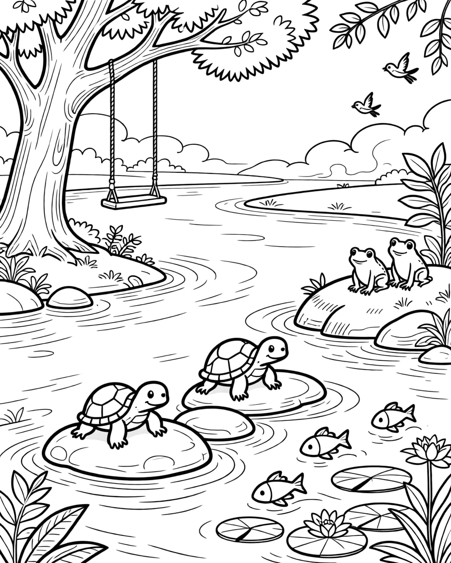 [River Adventures] A family of turtles suns themselves on a row of flat stones poking out of the current. Fish leap playfully near a cluster of lily pads as frogs croak from a mossy rock. A rope swing hangs from an old tree over a wide, calm bend in the river. Soft morning mist rises off the river as the first birds begin to sing.