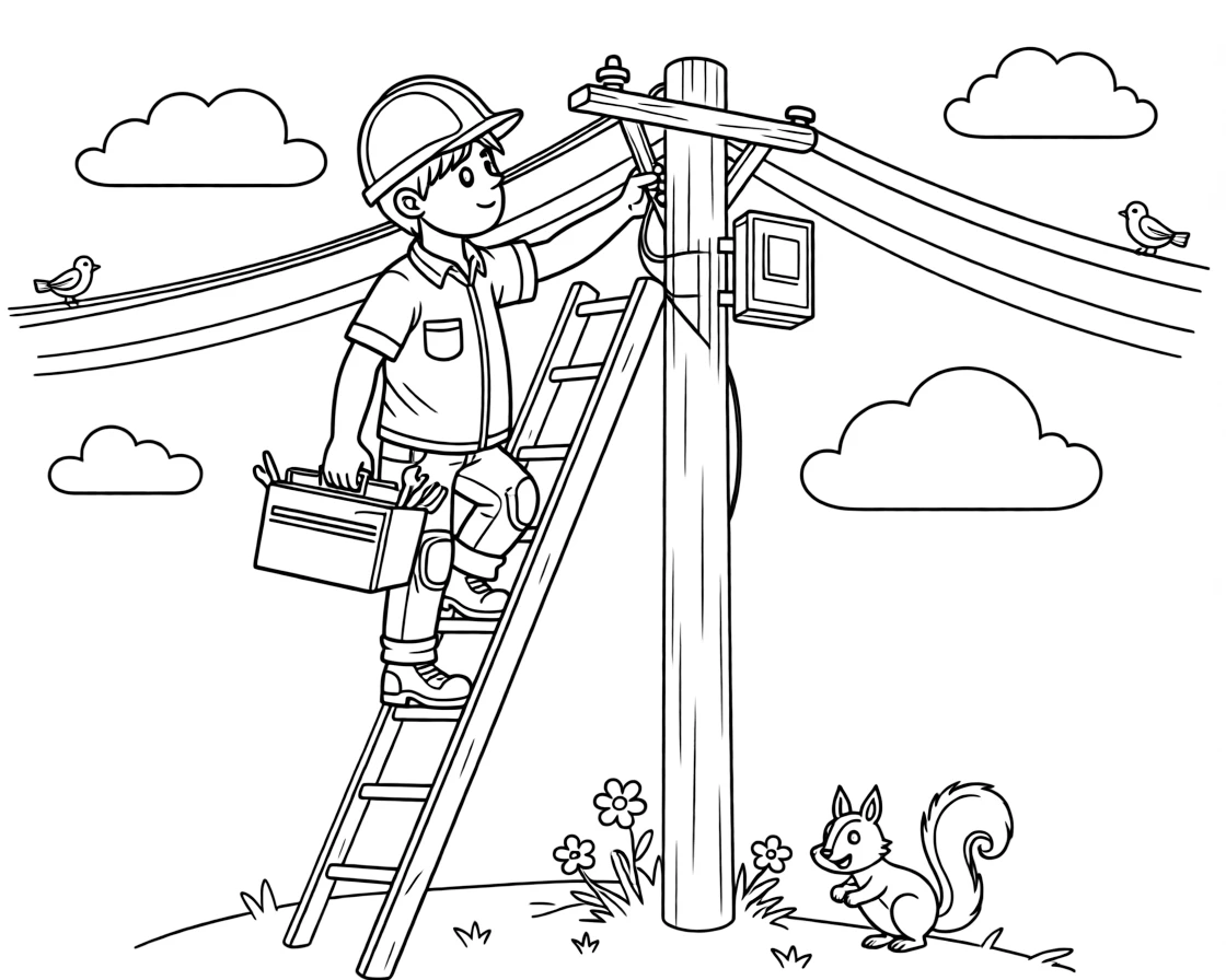 A network technician climbs a ladder to fix wires on top of a telephone pole.