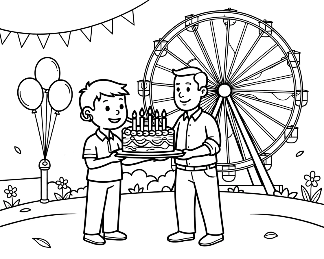 A boy with a hearing aid blowing out candles on a cake during a quinceanera dance with an uncle while a ferris wheel spins in the distance.