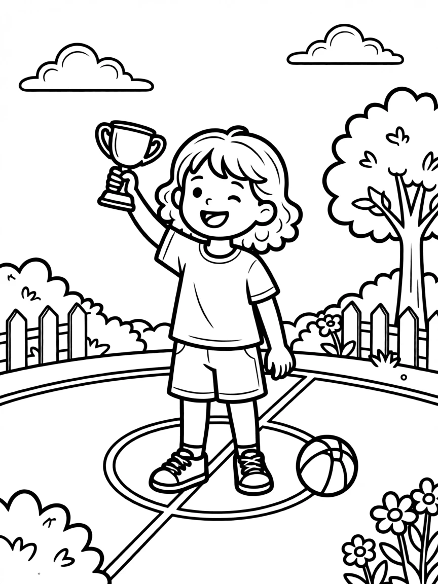 A little girl with curly hair, holding up a small trophy after a friendly tournament match on a park court.