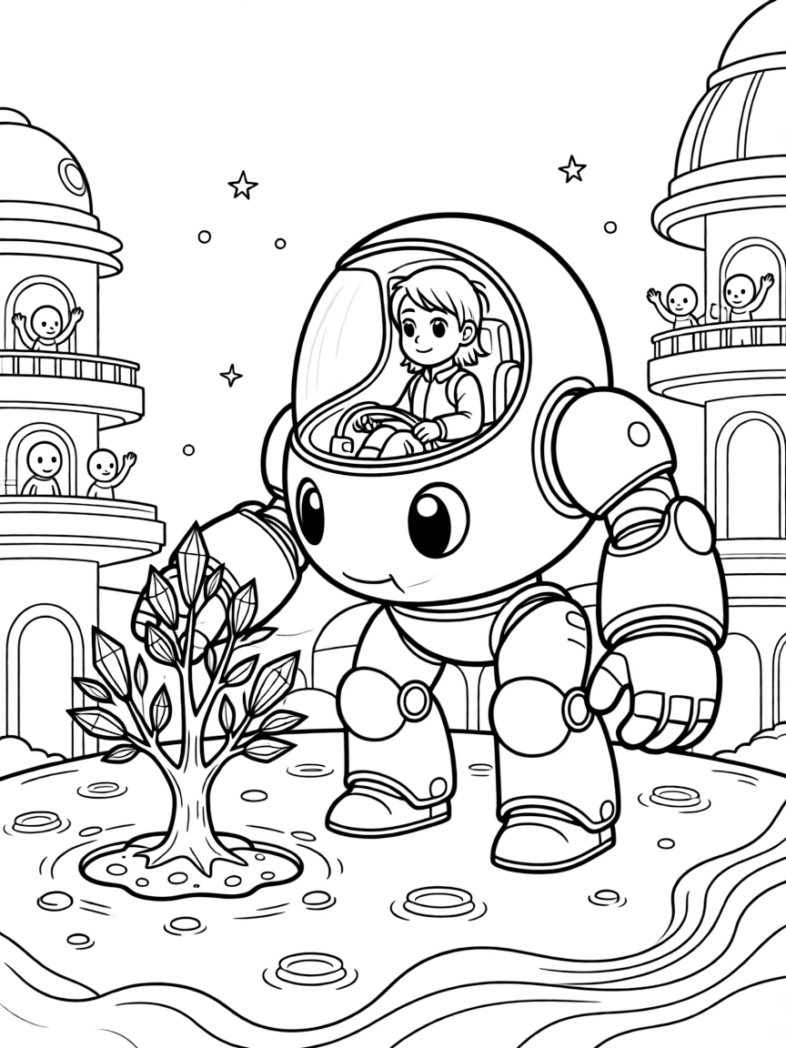In a beach on a red planet with waves of shimmering dust, young pilot Ionia riding inside the friendly giant mech Steel Falcon helping plant a forest of crystal trees on a rocky moon, while friendly aliens waving from nearby balconies adds to the excitement.