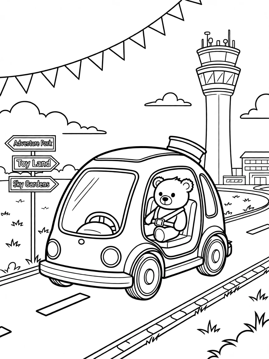 A coloring page featuring a bubble-shaped self-driving pod car with no steering wheel, traveling through a busy airport runway with a control tower in the distance, with a teddy bear buckled safely into the passenger seat and a string of triangle pennant flags overhead and road signs pointing toward fun destinations filling the scene.