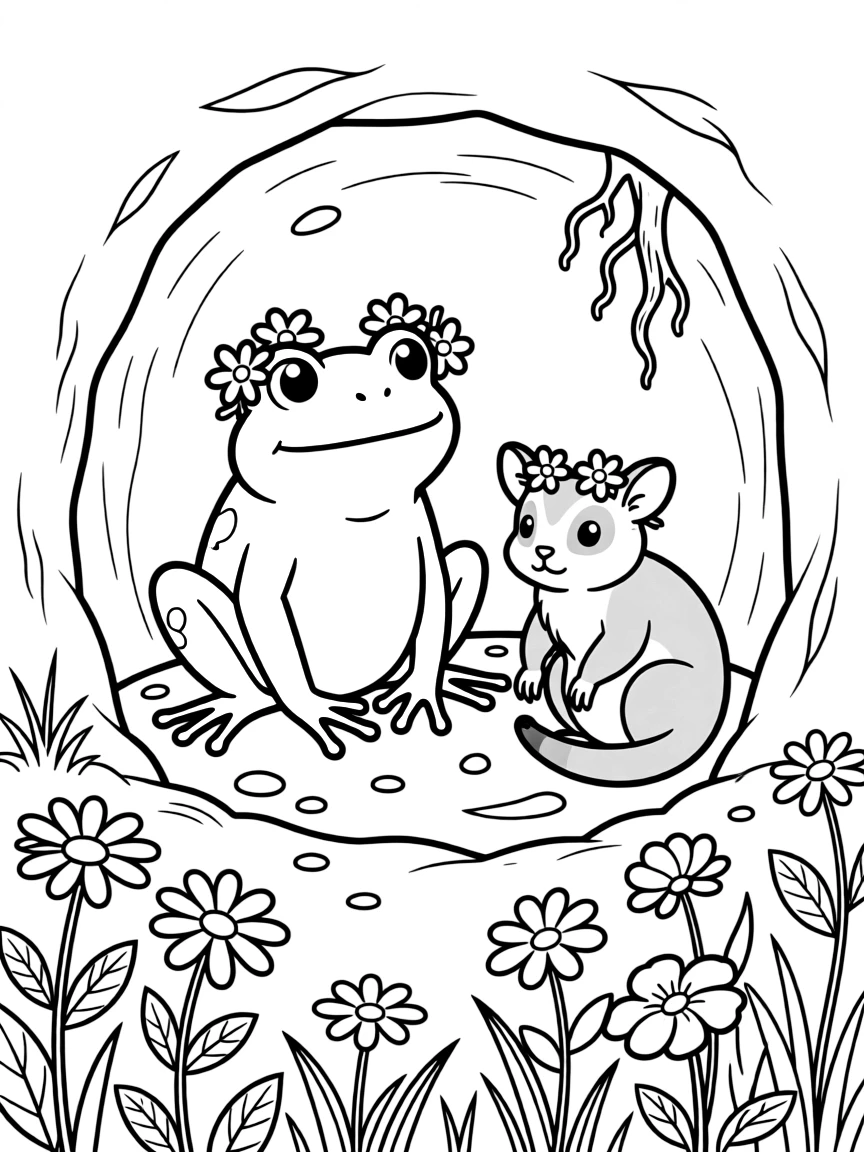 A frog wearing tiny flower crowns with a sugar glider in a cozy burrow, near a field of wildflowers.