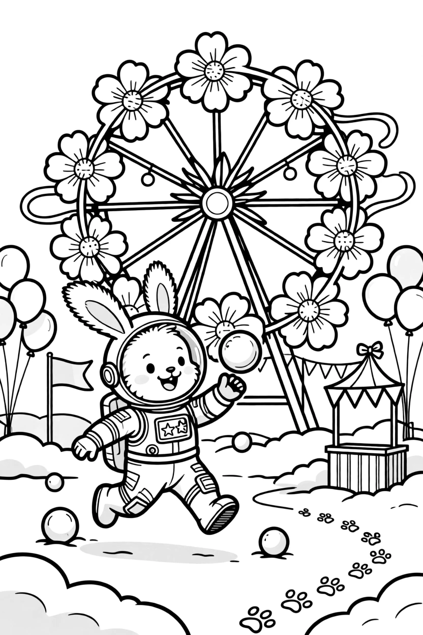 Pint-sized and full of excitement, an astronaut bunny spends the day having a joyful snowball fight at a carnival with a Ferris wheel made of flowers. Nearby, a trail of paw prints leading into the distance adds to the fun. It's a perfectly wonderful, magical moment.