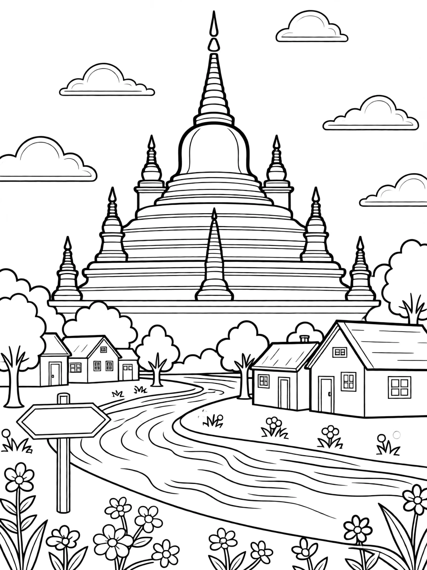 A coloring page inviting kids to explore Laos through a golden stupa temple glowing above a quiet riverside town, with small trees, flowers, and a signpost welcoming visitors nearby.