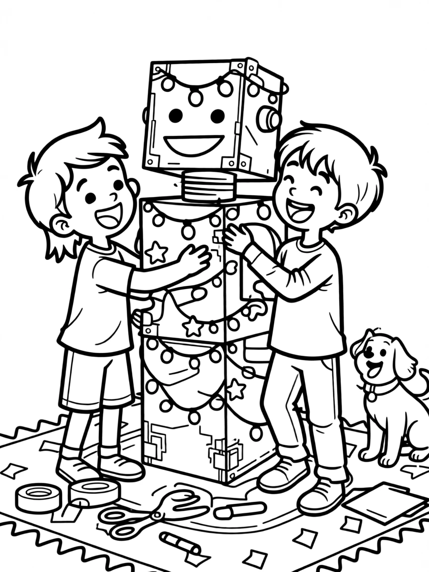 a mischievous pair of best friends builds a cardboard robot costume covered in blinking paper lights.