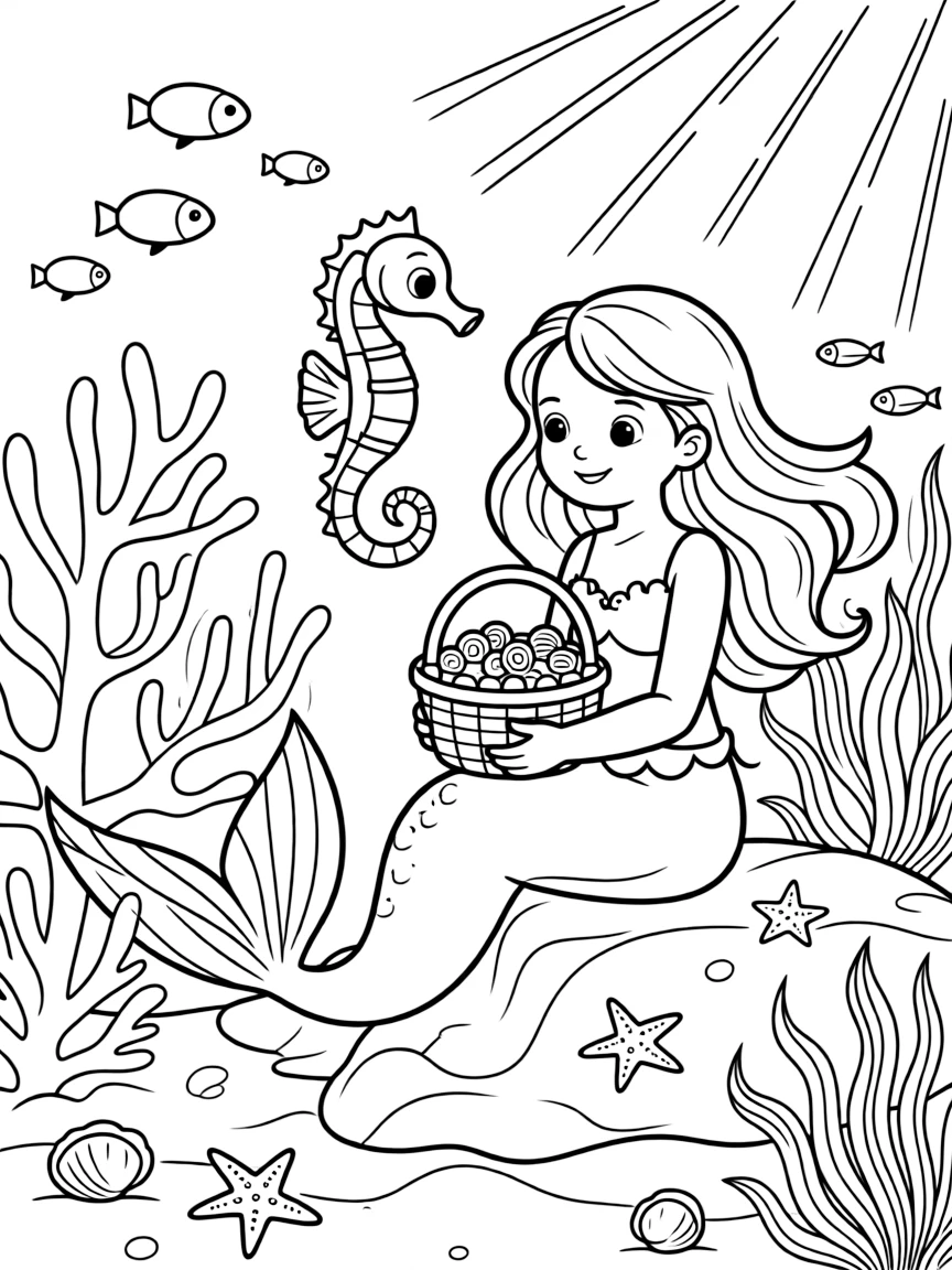 A young mermaid collects glowing pearls in a woven kelp basket, guided by a curious seahorse companion through a sunbeam-lit reef.
