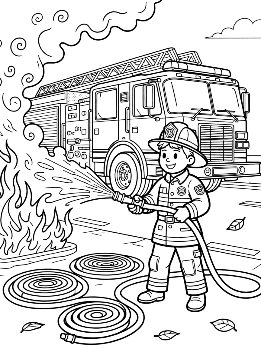 [Firefighters] a brave firefighter spraying water at a smoky blaze on a city street during a rescue. In the background, hoses coil across the ground, adding extra fun to explore. The fire truck gleams with polished chrome. It all happens on a crisp autumn afternoon, with dust kicked up by the wind.