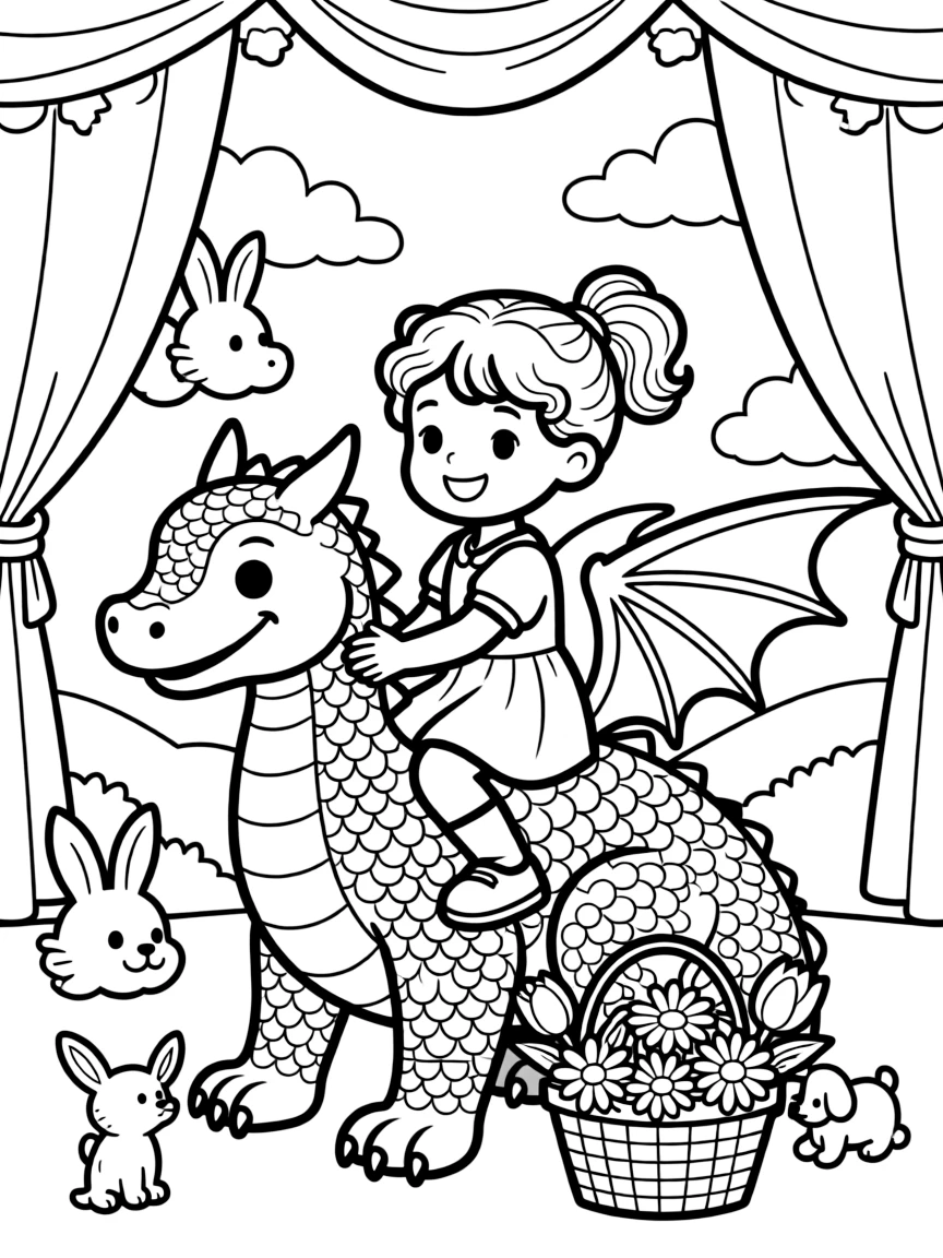 A girl with curly hair tied in a ponytail is soaring through the sky on the back of a gentle dragon inside a puppet theater with a painted backdrop. Scattered nearby, a basket brimming with fresh flowers and fluffy clouds shaped like little animals complete the joyful scene.