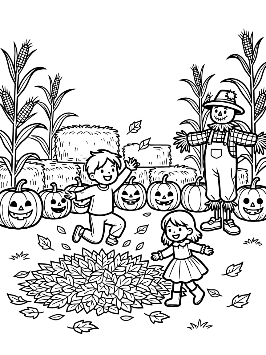 A child leaping into a giant pile of leaves at a rustic harvest fair with hay bales and corn stalks, with a joyful little girl playing close by amid a row of carved and uncarved pumpkins and a scarecrow with a patched hat.