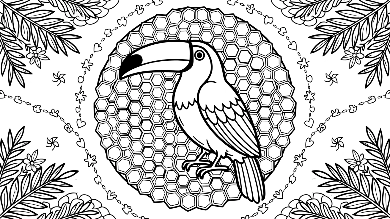 Birds: The page presents a small themed scene built around a toucan with a large curved beak, tied together by a honeycomb mandala tiled from small hexagon cells. The scene is arranged in a mirrored scene, with matching elements balanced on the left and right halves of the page. Decorative details fill the surrounding space, including tiny pinwheel stars, a chain of linked heart shapes, and overlapping fish-scale textures woven throughout the background. A playful extra touch completes the page: a few tiny footprints trailing off toward one edge of the page.