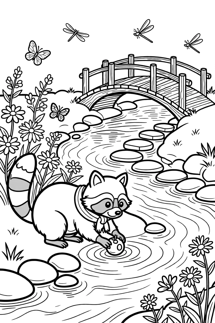 [River Adventures] A curious raccoon washes a shiny berry at the river's edge before scampering back to shore. Butterflies flutter along the bank where wildflowers grow between smooth river stones. A rustic wooden bridge arches over the river, with smooth stepping stones leading across a shallow bend. Golden afternoon light glows on the water as dragonflies dance above the surface.