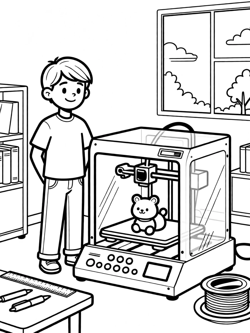 A 3D printing specialist watches a printer build a colorful toy layer by layer.