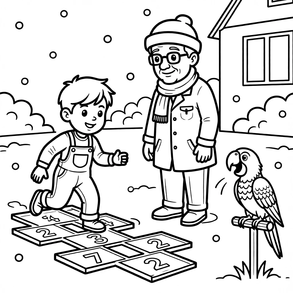 A boy in overalls playing hopscotch with a grandfather in a snowy front yard while a parrot squawks from a perch.