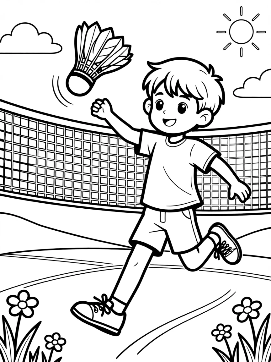 A cheerful young boy, leaping to smash the shuttlecock straight down over the net.