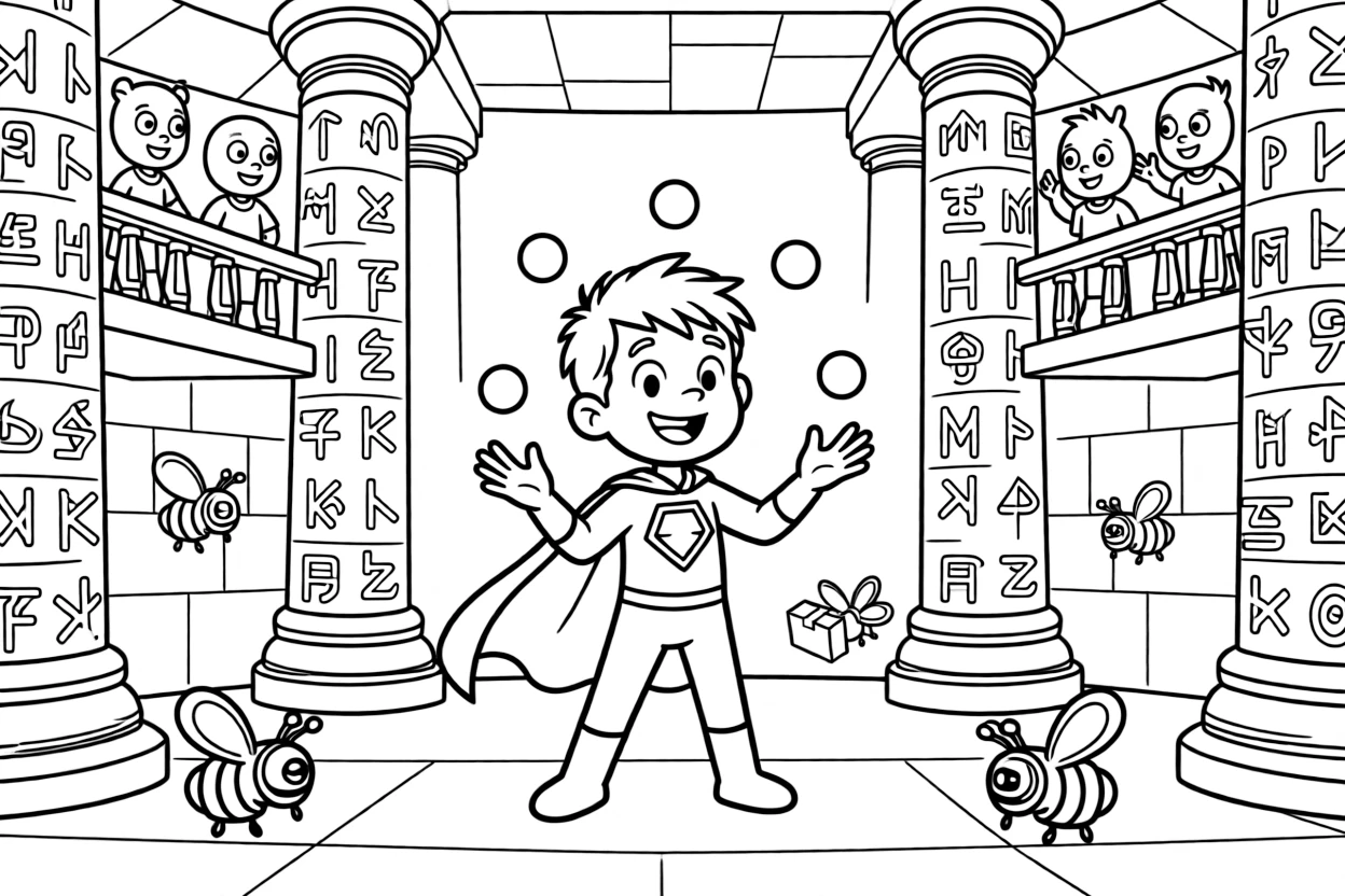 Professor Pogo, a cheerful plant-controlling superhero kid practicing juggling with tiny floating orbs of light, in an ancient alien temple covered in glowing runes, with friendly aliens waving from nearby balconies and tiny drones buzzing around delivering packages nearby.