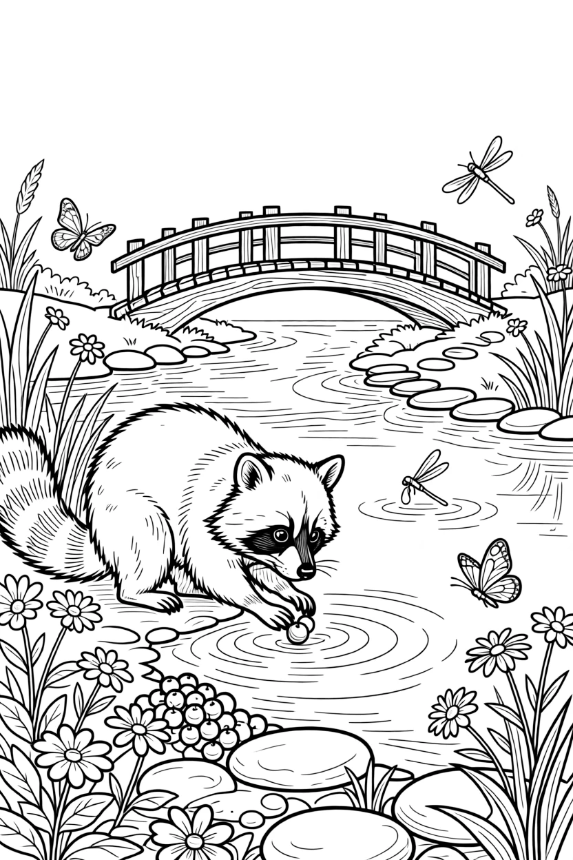 [River Adventures] A curious raccoon washes a shiny berry at the river's edge before scampering back to shore. Butterflies flutter along the bank where wildflowers grow between smooth river stones. A rustic wooden bridge arches over the river, with smooth stepping stones leading across a shallow bend. Golden afternoon light glows on the water as dragonflies dance above the surface.