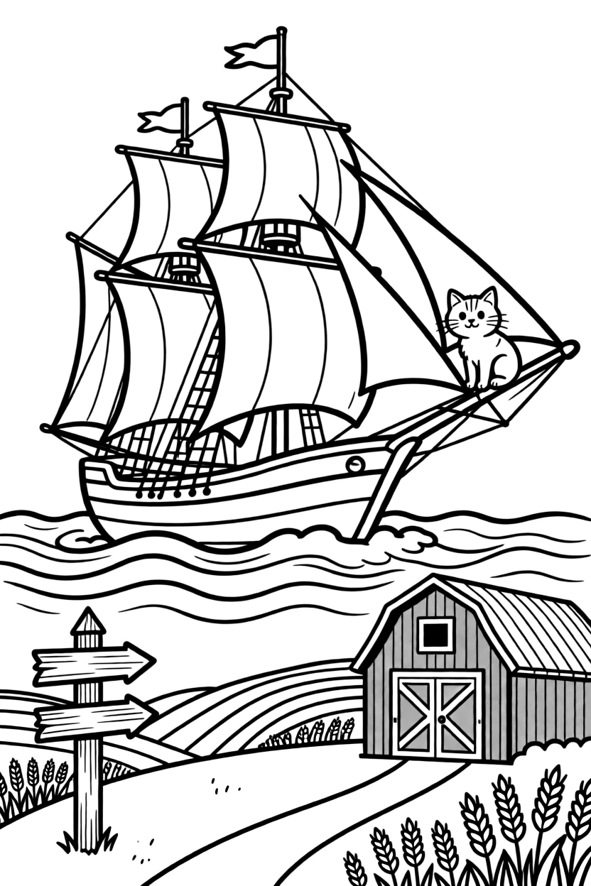 A big, friendly an old sailing clipper ship racing across the waves rolls through a sunny farm with a red barn and rolling wheat fields, with a curious cat perched on the hood enjoying the ride and an old wooden signpost pointing to faraway towns adding a playful touch.