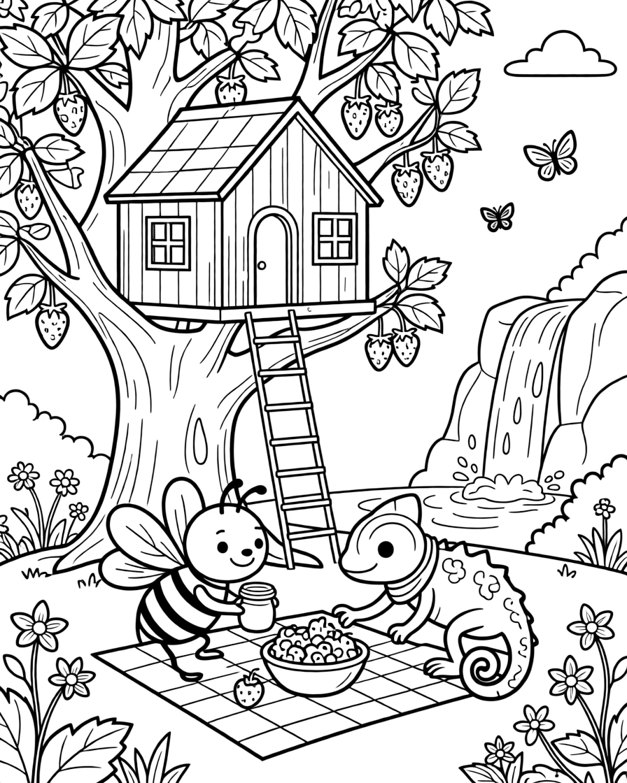 A bumblebee sharing a picnic of berries and honey with a chameleon in a treehouse among the branches, near a patch of wild strawberries, as a gentle waterfall splashes in the background.
