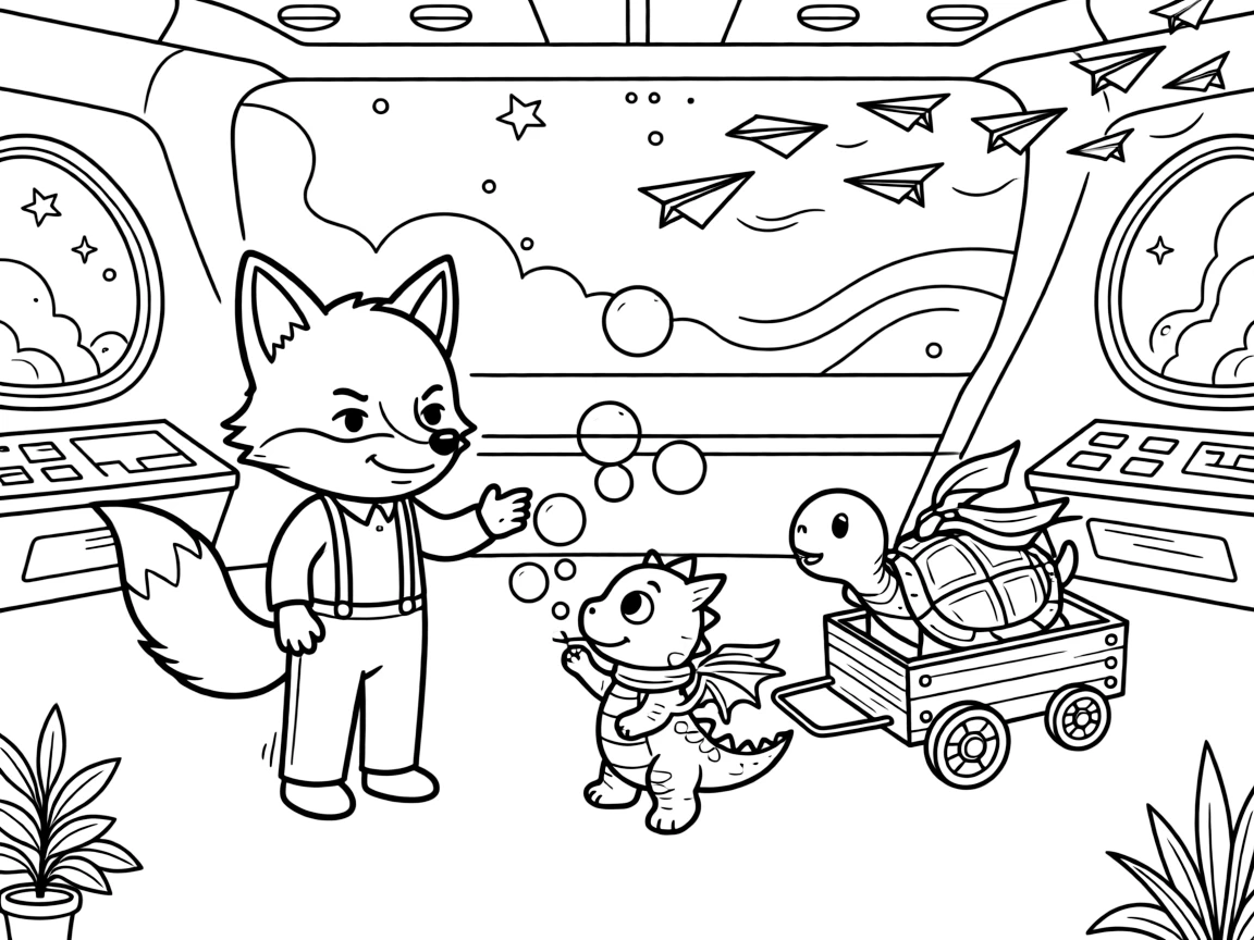 On a spaceship deck looking out at swirling nebulae, a grumpy-but-lovable puppet theater fox is busy teaching a baby dragon to blow bubbles instead of fire, cheered on by a cart pulled by a very determined turtle and a flock of paper airplanes soaring overhead. A gentle breeze carries the sound of joyful laughter.