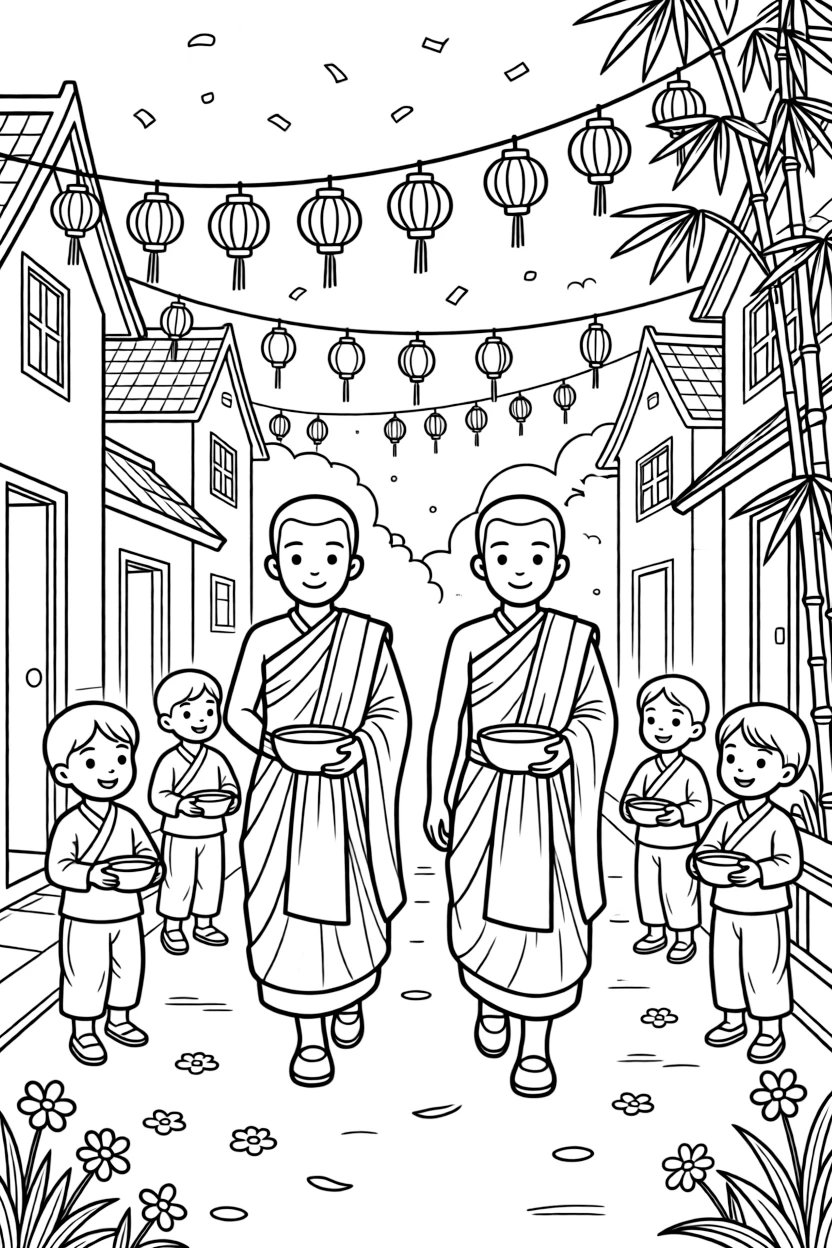A coloring page capturing a joyful festival moment in Laos: monks in orange robes collecting alms along a misty morning street, surrounded by smiling children, decorations, and confetti in the air.