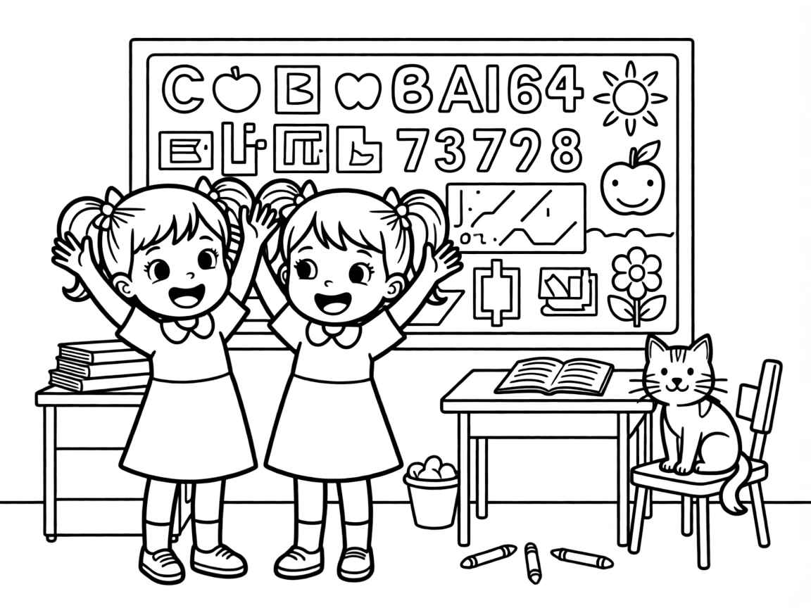 excited twin sisters raise a hand eagerly to answer a question in front of a colorful bulletin board.