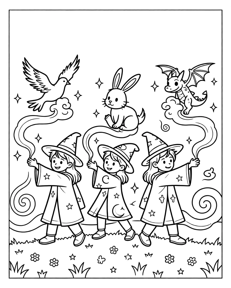 A wizard tournament features contestants conjuring animals from smoke, a dove, a rabbit, and a tiny dragon all appearing at once.