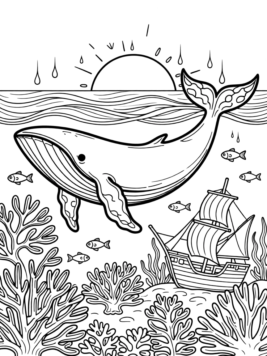 [Sea Creatures] a giant humpback whale gliding past a coral reef near a sunken pirate ship. In the background, seaweed sways gently in the current, adding extra fun to explore. Coral formations add interesting shapes nearby. It all happens at sunset, with a light drizzle just ending.