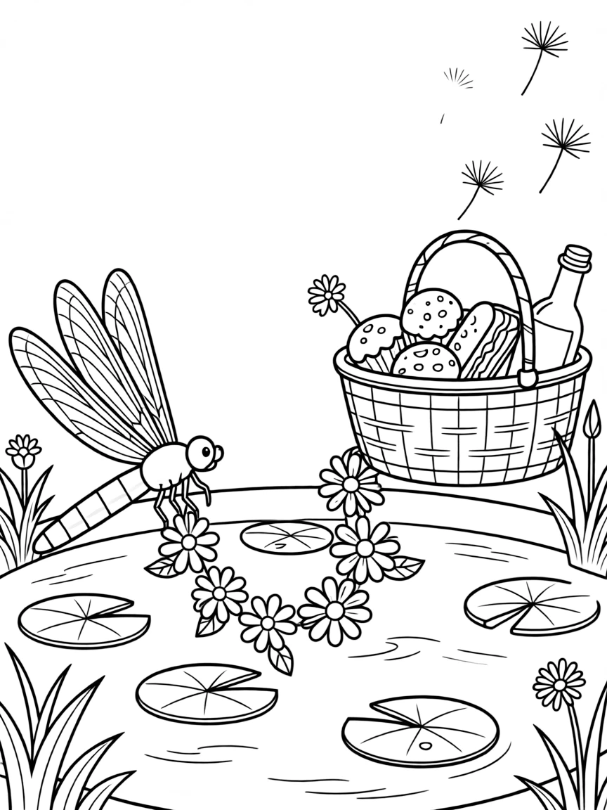 A shimmering dragonfly is stringing together a daisy chain necklace beside a sparkling pond dotted with lily pads. Just beyond, a picnic basket overflowing with treats and floating dandelion seeds catching the light fill the page with charm.