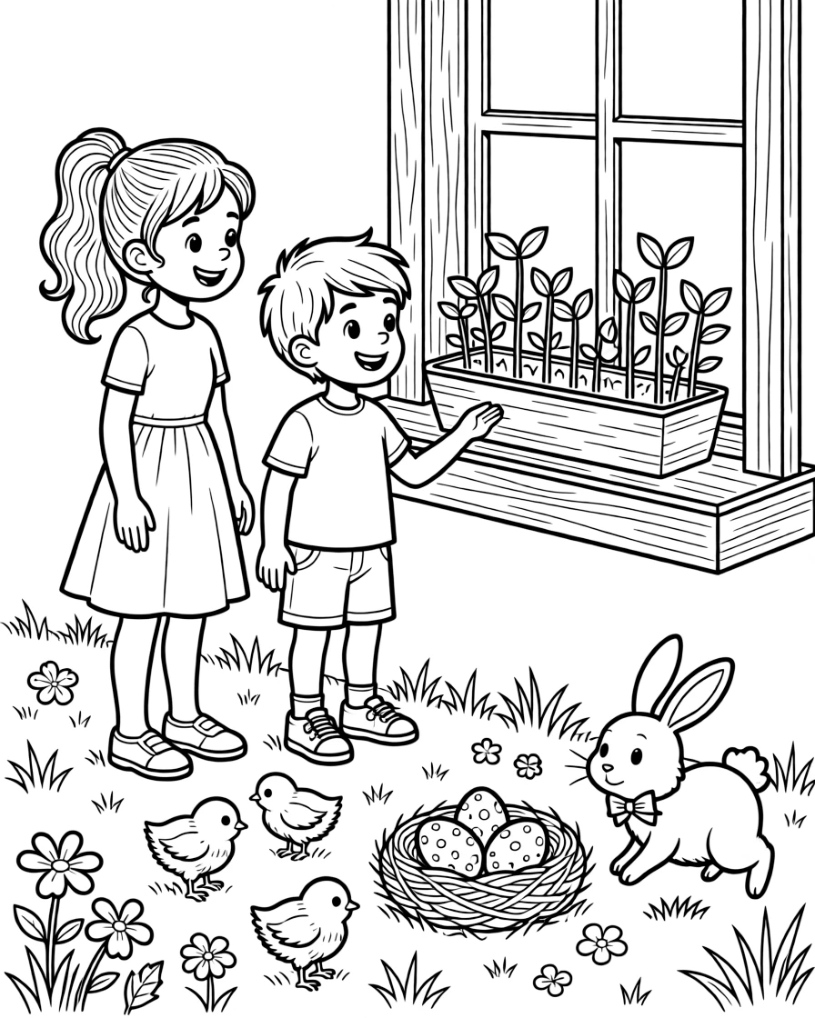 A big sister and her little brother admiring a window box bursting with fresh green shoots on a farm with newly hatched chicks in the grass, near a nest with three speckled eggs and a hopping bunny with a bow.