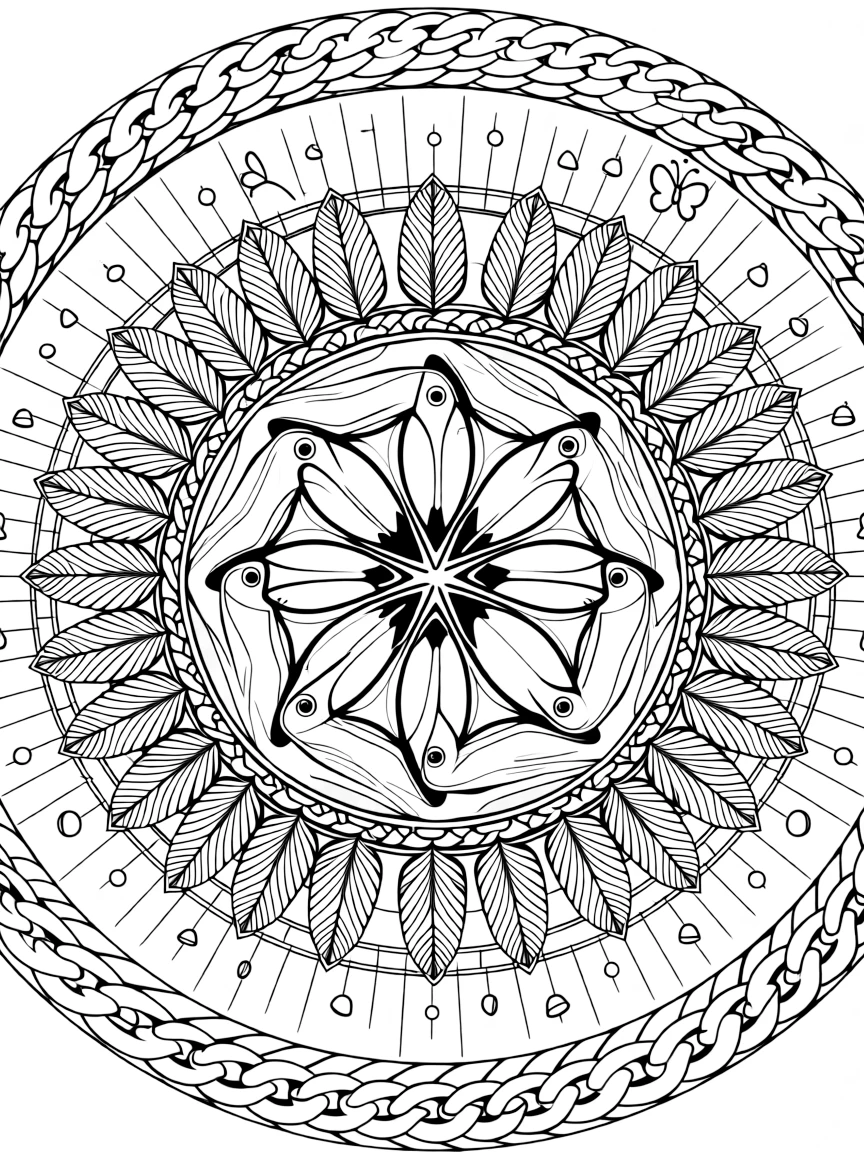 Birds: The design turns a toucan with a large curved beak into a kaleidoscope-style composition anchored by a feather-ring mandala with plumes fanning outward. The imagery is reflected six times around a central point, so each wedge of the page mirrors the one beside it. Decorative details fill the surrounding space, including bands of braided rope shapes, rays fanning out like a small sunburst, and clusters of tiny bells woven throughout the background. A playful extra touch completes the page: a pair of small butterflies fluttering near the top of the page.