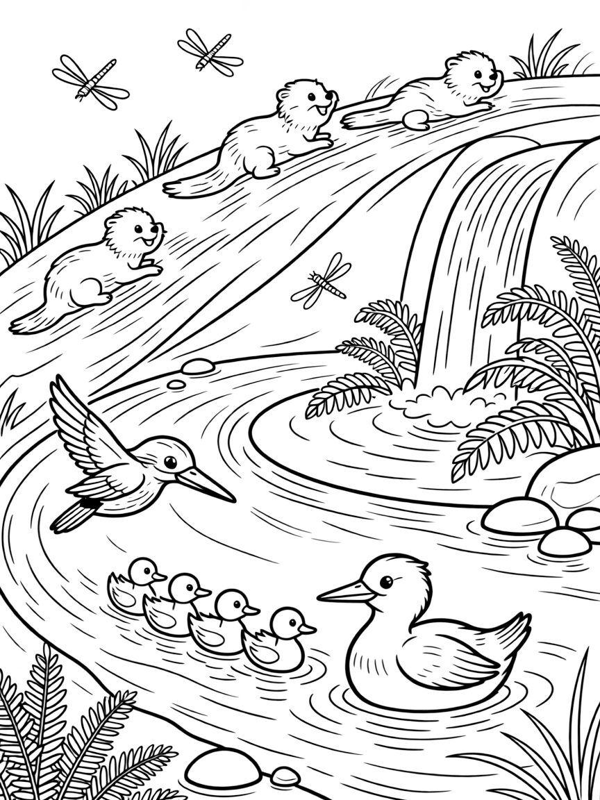 [River Adventures] A group of otters slide playfully down a muddy riverbank into the sparkling water below. A kingfisher darts across the river as ducklings paddle in a neat row behind their mother. The river winds past a small waterfall tumbling into a clear pool ringed with ferns. Golden afternoon light glows on the water as dragonflies dance above the surface.