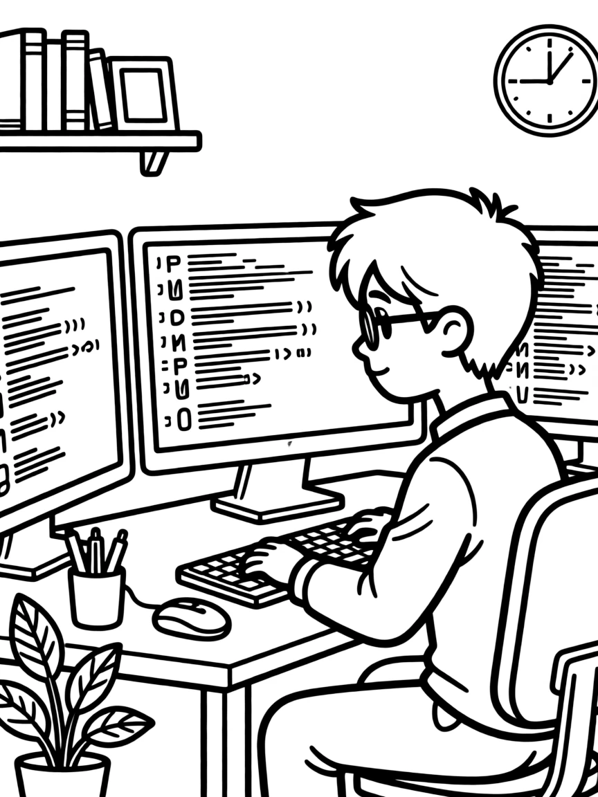 A cybersecurity analyst studies scrolling code on multiple computer screens at a desk.