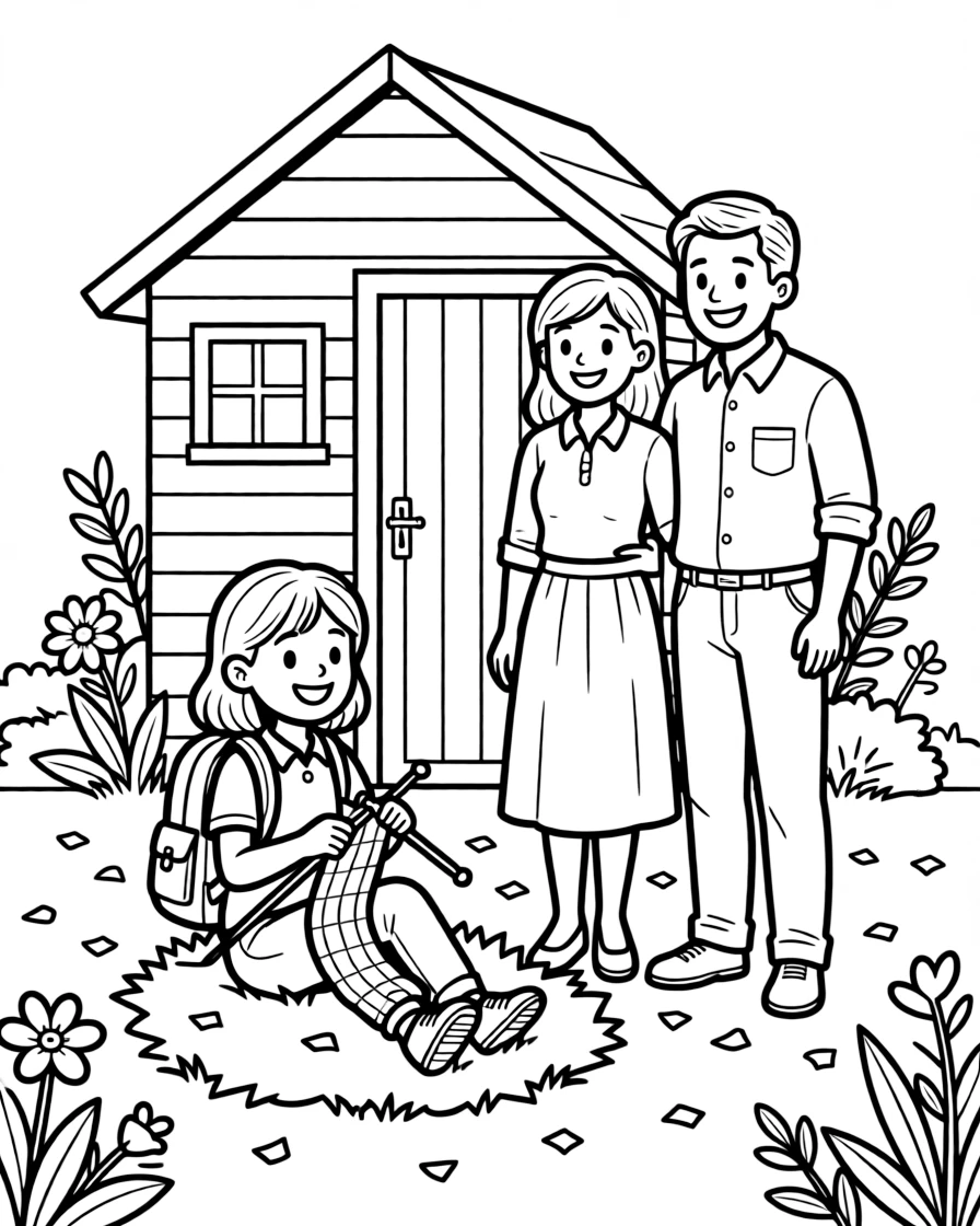 A girl with a backpack knitting a scarf with a mom and dad by a garden shed with confetti scattered on the ground.